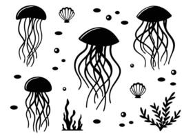 Black and white illustration of jellyfish shells algae and bubbles underneath the sea vector