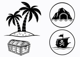 Black and white illustration of pirate symbols including palm trees and treasure chest with a skull flag. vector