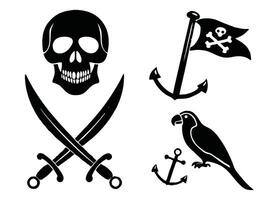 A collection of pirate themed illustrations featuring a skull and crossbones parrot and other nautical elements. vector
