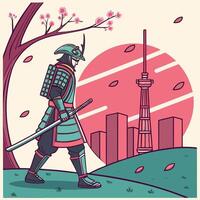 Traditional japanese samurai in armor walking towards tokyo cityscape with cherry blossom tree in the background vector