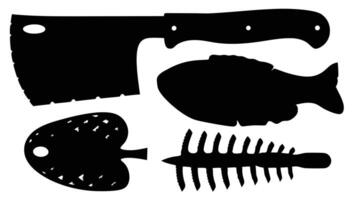 silhouette illustration of butchery elements including a butcher knife fish fillet and fish bone on white vector