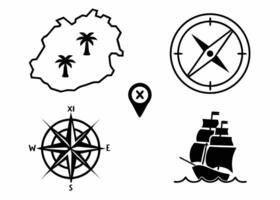 Black and white adventure icons featuring a map compass and sailing ship for navigation concepts vector