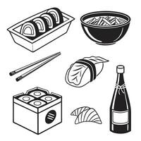 Delicious sushi rolls nigiri sashimi and miso soup with sake bottle and chopsticks illustration in black and white vector