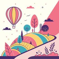 Colorful minimalist illustration of a hot air balloon soaring above rolling hills with trees and decorative elements in a vibrant landscape. vector