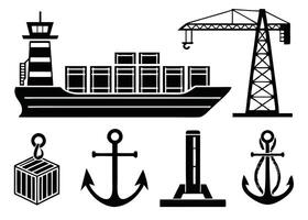 Black and white illustration of shipping logistics including ship crane anchors and other relevant objects vector
