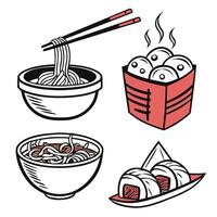illustration featuring a selection of japanese food items including noodles sushi and dumplings depicted in a vibrant style vector