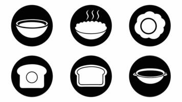 Breakfast food icons collection featuring bowl of soup steaming cereal sunny side up egg toast and saucepan in circular black backgrounds vector