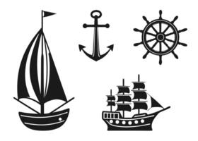Black and white illustrations of nautical elements featuring sailboat anchor ship wheel design vector