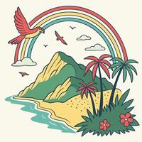 Retro illustration of a tropical paradise with a rainbow palm trees and birds flying over a serene landscape vector