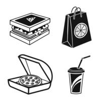 Black and white illustration of fast food items comprising sandwich pizza soda and takeout bag design vector