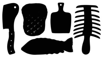 Simple black outline illustrations of various kitchen tools and food items for culinary or food preparation concepts vector