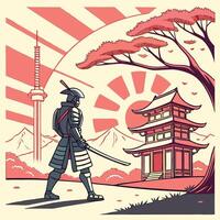 Stylized illustration of a samurai warrior walking towards a japanese temple with rising sun in the background vector