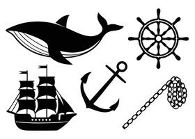 Black and white nautical elements including a whale ship wheel and anchor on a white background vector