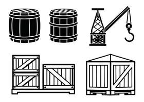 Black and white illustrations of barrels crane and wooden crates for shipping and logistics vector