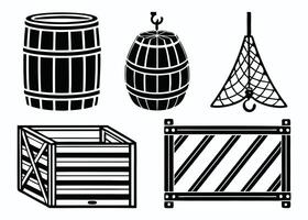 Black and white illustrations of various storage containers including barrels and shipping crate graphic vector