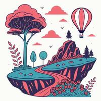 Whimsical landscape with a hot air balloon, trees, a winding path, and a floating island with a vibrant illustration style. vector