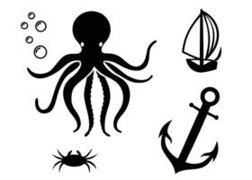 Black and white nautical themed elements featuring octopus crab anchor and sailboat illustration vector