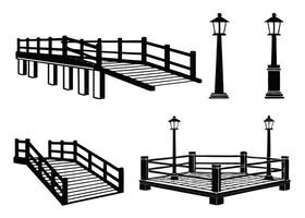 Architectural silhouettes featuring bridges, staircases, and lampposts for design projects and concepts vector