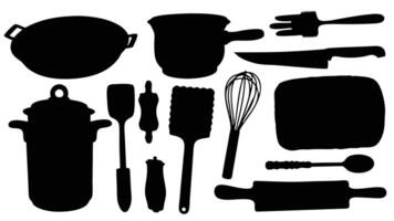 Culinary equipment silhouettes collection depicting essential cooking utensils for various food preparation tasks vector