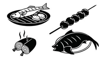 illustration of various cooked fish dishes and meatballs, ideal for culinary designs and food related graphic projects. vector