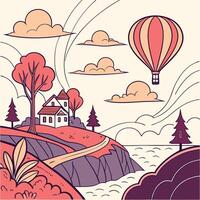 Scenic illustration showcasing a serene landscape featuring a house on a hill, a hot air balloon, trees and clouds. vector