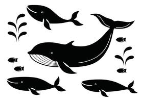 Black and white illustrations of whales with fishes and water splashes on a white background vector