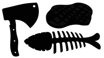 Black silhouettes depicting an axe a grilled steak and fish bones representing culinary and dietary concepts vector
