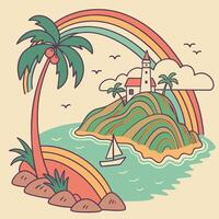 Tropical island paradise illustration featuring a palm tree rainbow lighthouse and a sailboat under a bright sky vector