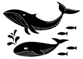 Black and white illustration of two whales swimming with little fish around them in ocean. vector