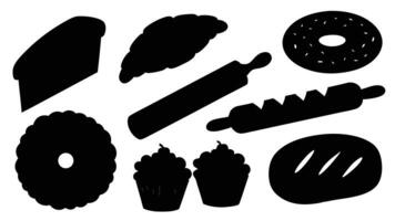 Silhouette collection of various baked goods and baking tools for culinary design and food related projects vector