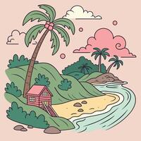 Illustration of a serene tropical beach scene featuring a charming wooden cabin, swaying palm trees, and calming ocean waves. vector
