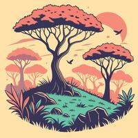 Stylized african savannah scene with trees birds and sunset creating a warm and peaceful landscape illustration vector