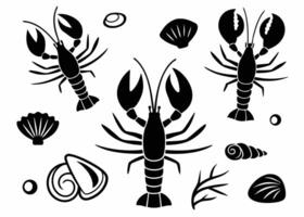 Black and white illustrations of various seafood elements including lobsters shells and other marine life vector