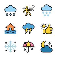 Weather forecast icons displaying various conditions. Icon symbol illustration vector