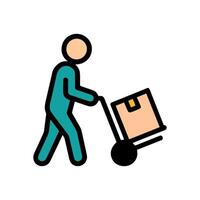 Delivery worker hauling box on dolly. Icon symbol illustration vector