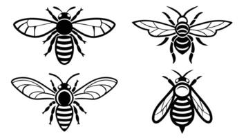 Set of four black and white bee silhouettes for decorative designs and illustrations vector