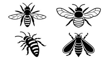 A collection of four illustrations featuring honey bees in various poses in black and white vector