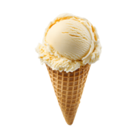Delicious scoop of vanilla ice cream in a waffle cone. png