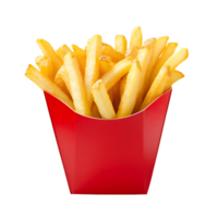 A generous portion of golden-brown French fries nestled in a bright red paper container. png