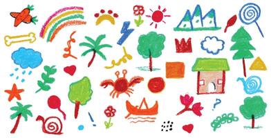 Vibrant crayon texture doodle set for kids. Playful hand-drawn childlike illustrations featuring nature elements, everyday objects, and symbols like rainbow, trees, clouds, mountains, house, and stars vector