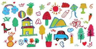 Colorful childlike hand-drawn doodle collection. Playful crayon texture illustrations featuring nature elements, everyday objects, and characters including rainbow, sun, trees, house, car and animals vector
