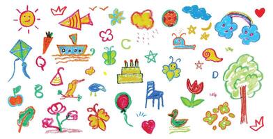 Hand drawn crayon kids element set. Colorful child doodles of hearts, stars, clouds, trees, flowers, arrows, fish, and party icons. Fun decorative sketch collection for childrens design and learning vector