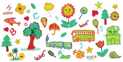 Crayon kids drawing set with playful symbols. Child hand drawn sun, bus, tree, train, fish, clock, flower, balloon, alphabet, numbers and ice cream. Cute colorful sketch elements for school vector