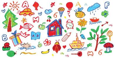 Crayon kids doodle sketch set. Hand drawn child art with house, tree, car, boat, bee, flower, clock, alphabet, and fruit. Cute colorful pencil texture illustration for school and nursery design vector
