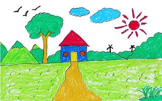 Colorful childlike crayon landscape drawing. Hand-drawn nature scene illustration featuring a house with a path, trees, mountains, sun, and clouds. Cute pencil texture art for educational materials vector