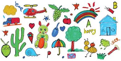 Vibrant kids' hand-drawn doodle collection. Playful crayon textured illustrations featuring diverse elements like vehicles, animals, fruits, nature, and everyday object including helicopter and rabbit vector