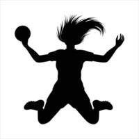 A powerful silhouette of a female handball player in mid-air, evoking a sense of athleticism and action.. vector