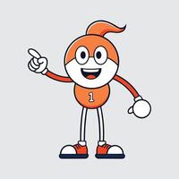 An energetic, cartoon character, wearing an orange shirt with the number 1, and glasses, points to the right.. vector