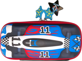 Top-down view of a colorful race car themed pencil case with number 11 design png