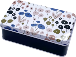 A rectangular tin container with a delicate floral pattern adds charm and utility to storage solutions with its vibrant colors and versatile design. png